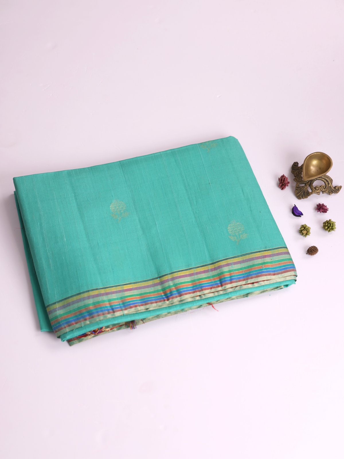 Light Turquoise Raw Silk Saree With Multicolor Border