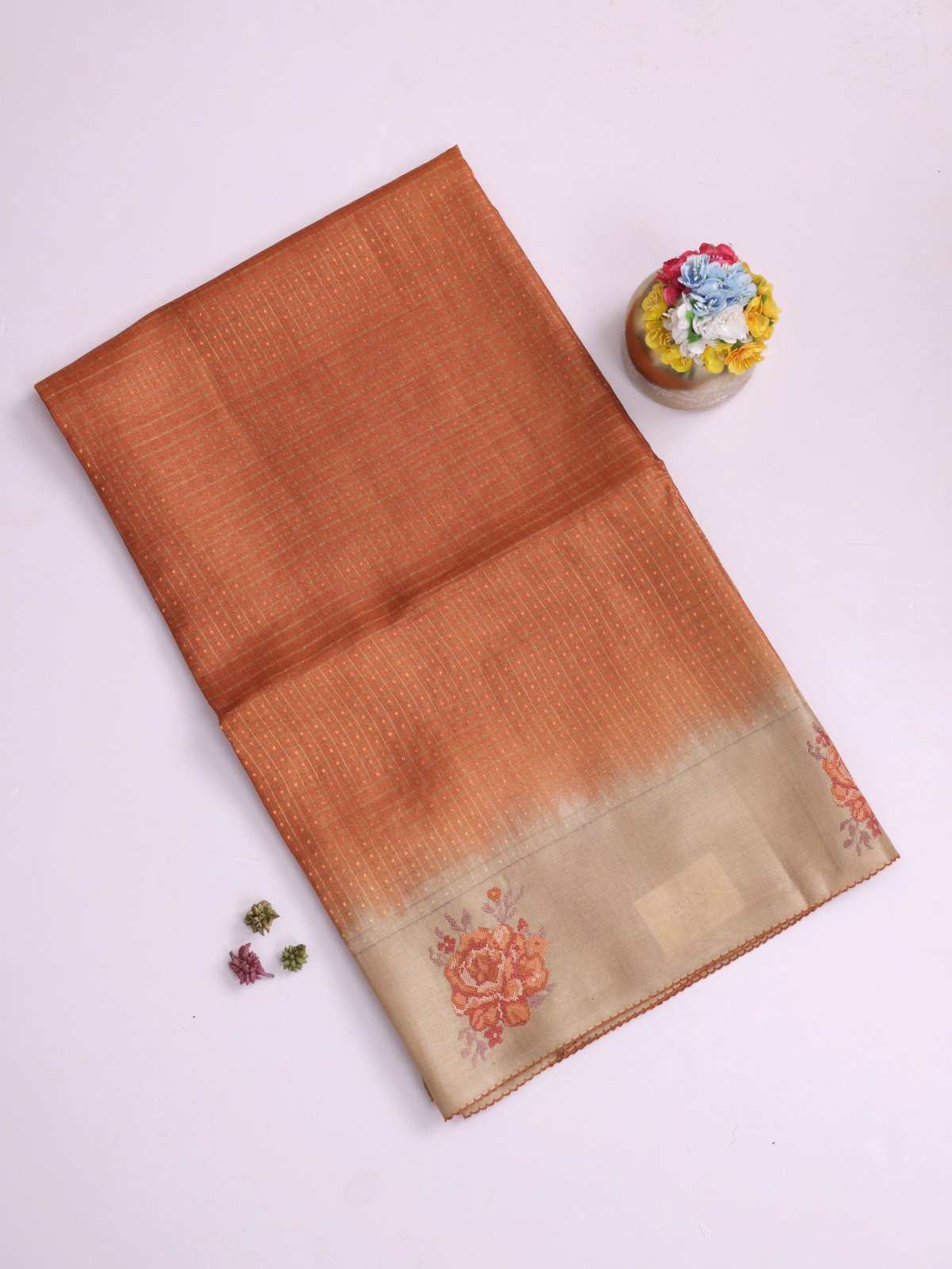Orange Zari Checked Tussar Silk Saree With Cross-Stitch Embroidery