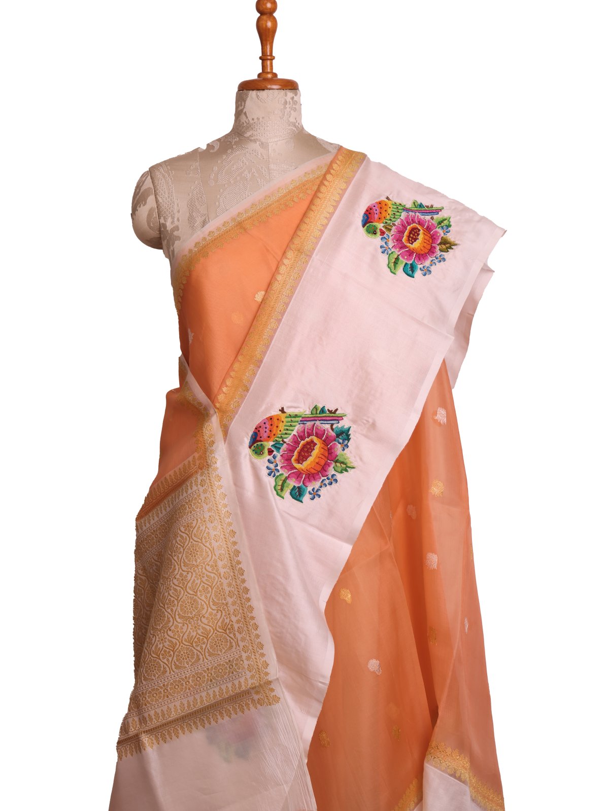 Peach Banaras Organza Saree With Off White Silk Border