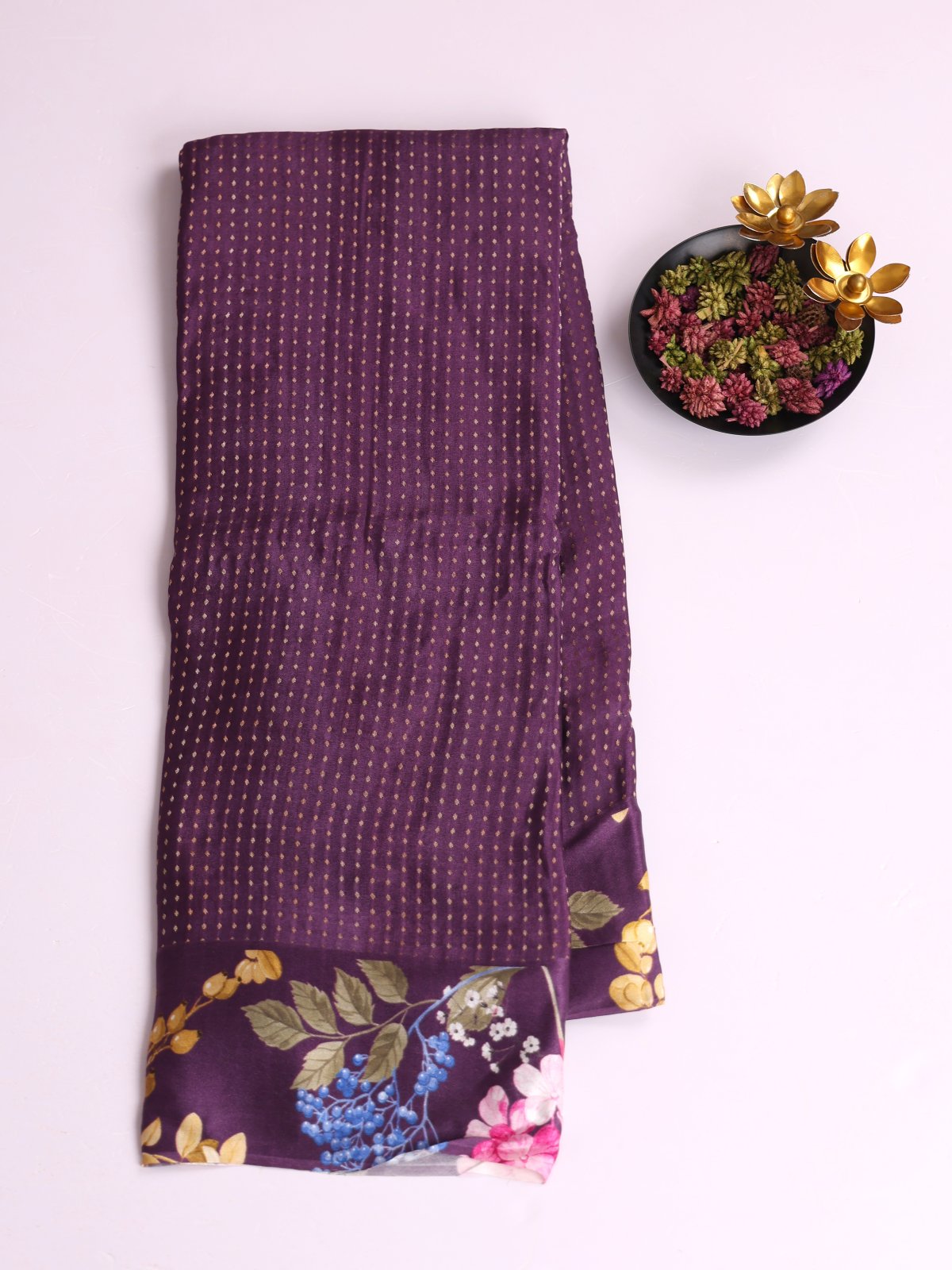 Dark Purple Crepe Silk Saree With Printed Satin Border