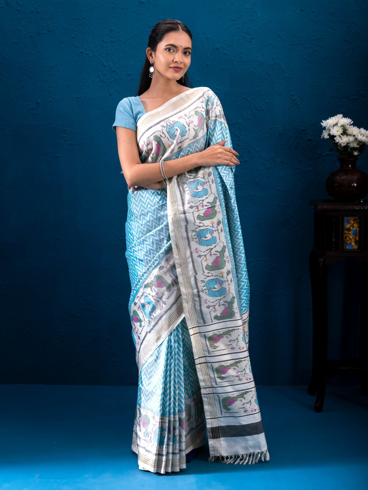 Light Blue Patola Silk Saree with Grey Border