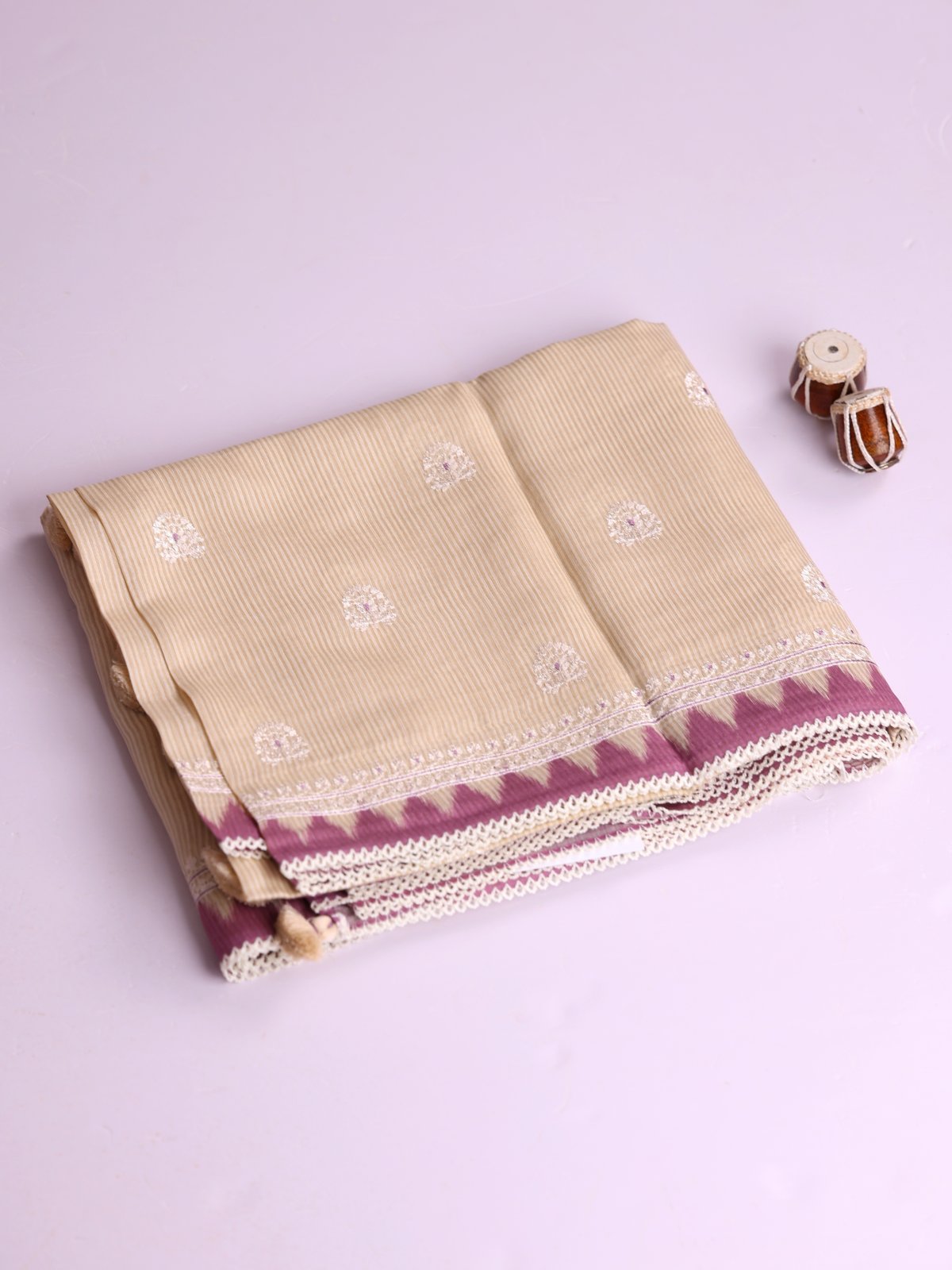 Beige And Cream Striped Munga Tussar Silk Saree With Lavender Border