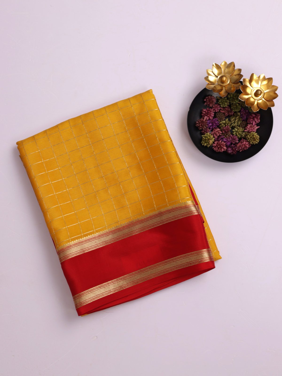 Mustard Yellow Zari Checked Mysore Silk Saree With Red Border