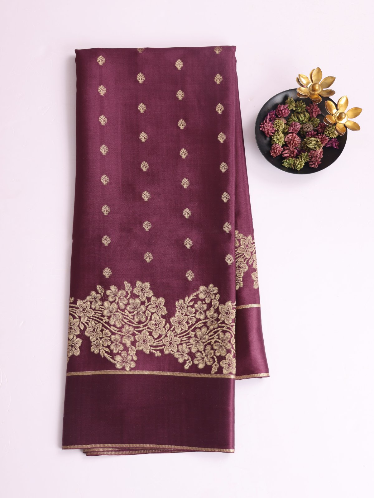 Wine Mysore Silk Saree With Satin Border