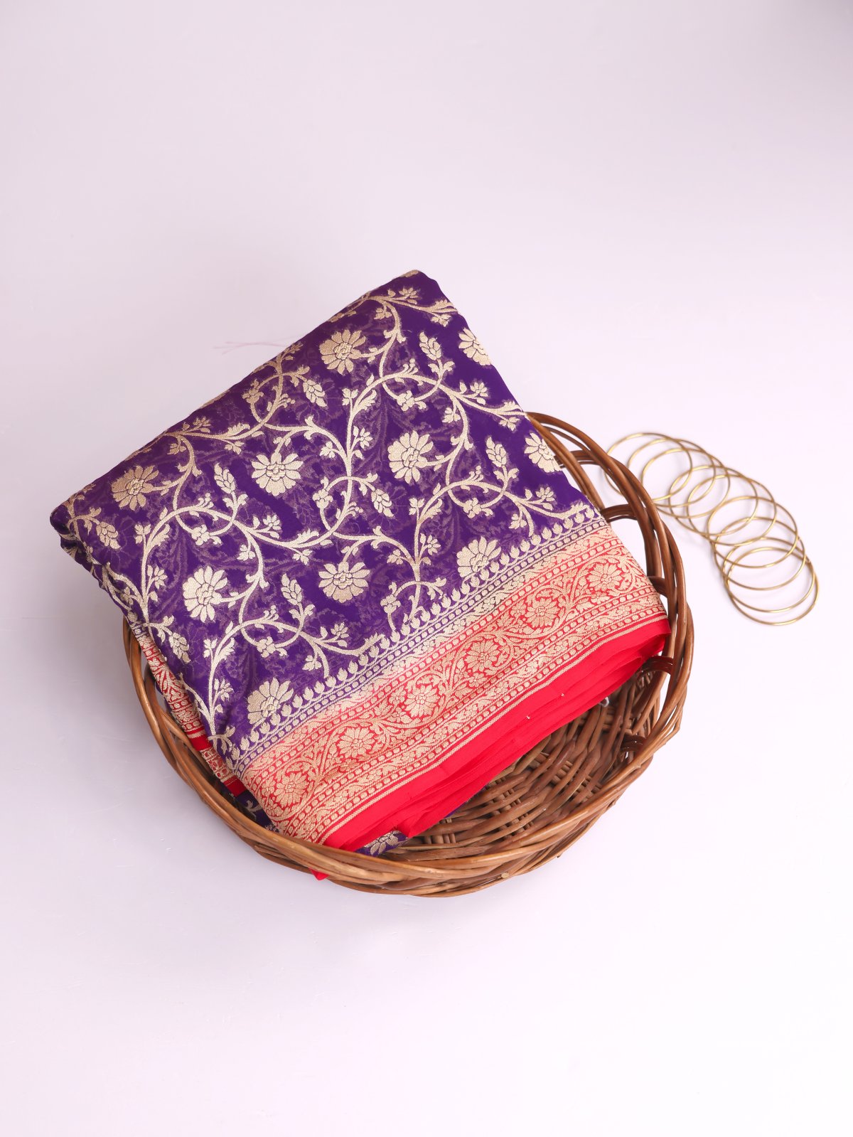 Violet Banaras Georgette Silk Saree With Red Border