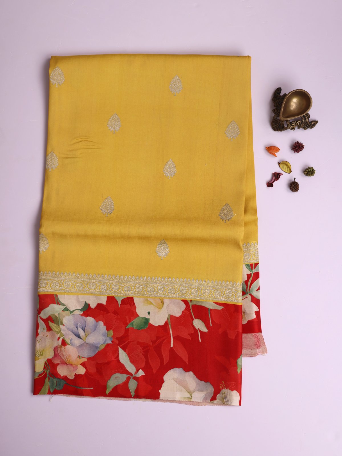 Yellow Banaras Tussar Georgette Silk Saree with Printed Red Satin Border
