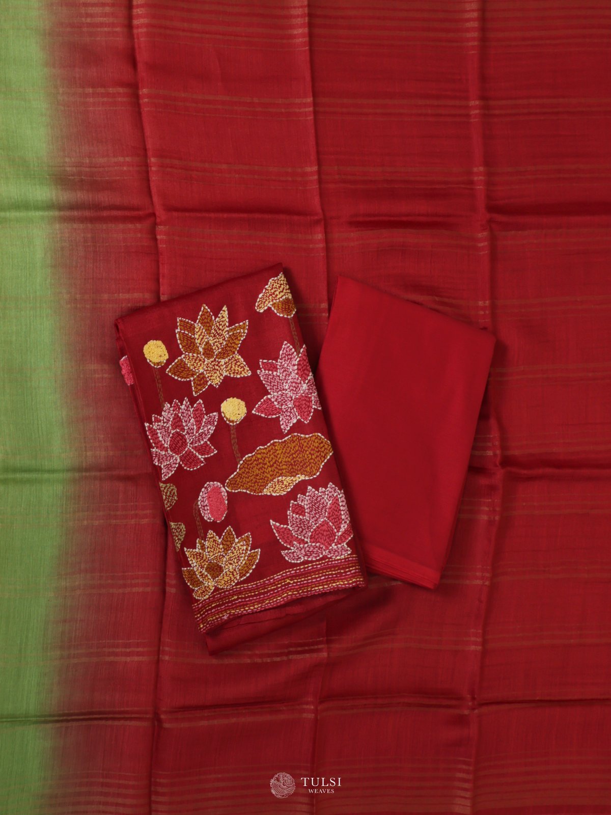 Maroon Tussar Salwar Material With Kantha Embroidery