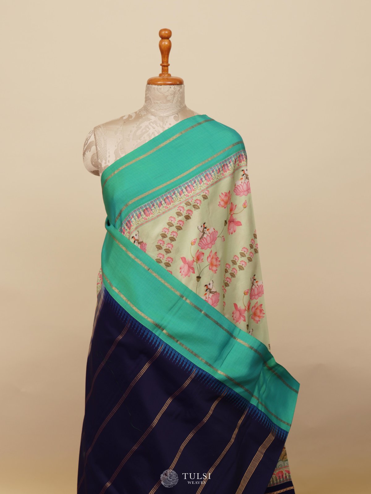 Pista Green Printed Kanjeevaram Silk Saree With Ganga Jamuna Border