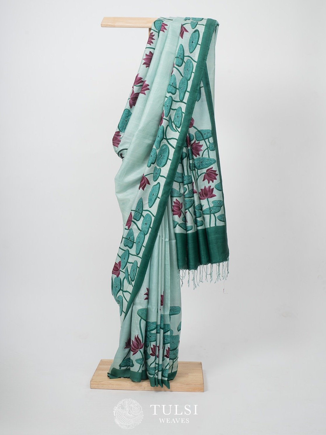 Teal Handpainted Silk Saree with Kantha work