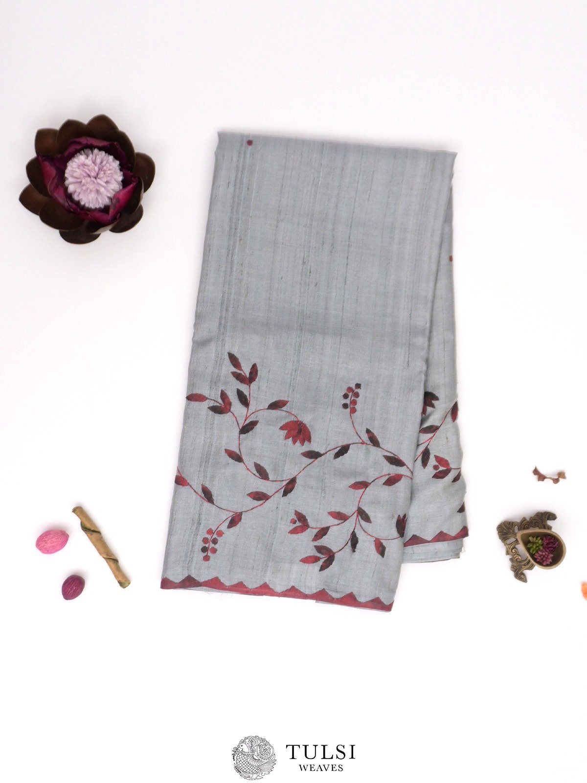 Grey Tussar Silk Saree with Applique Work