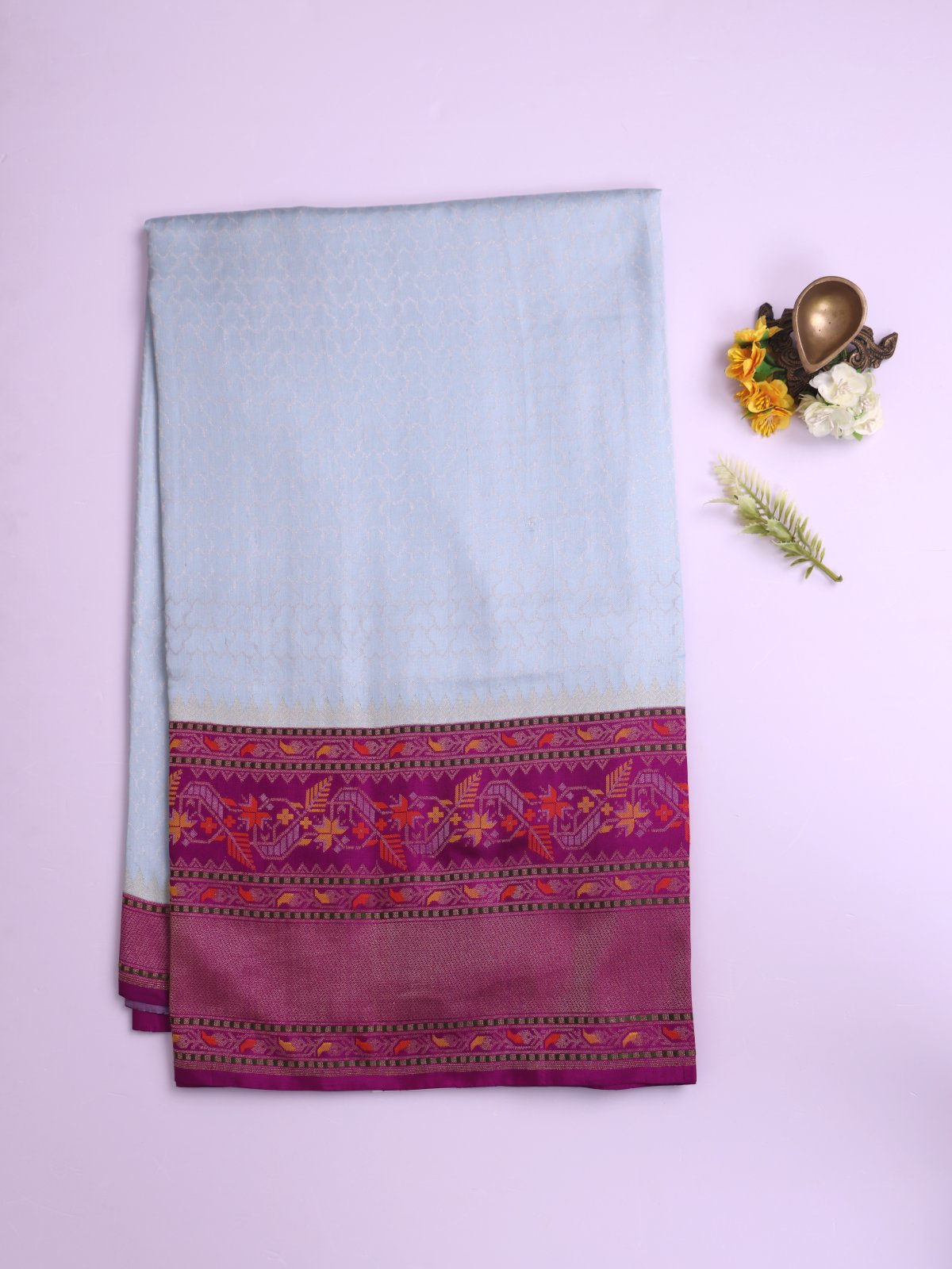 Light Bluish Grey Banaras Silk Saree with Dark Purple Jamdani Border