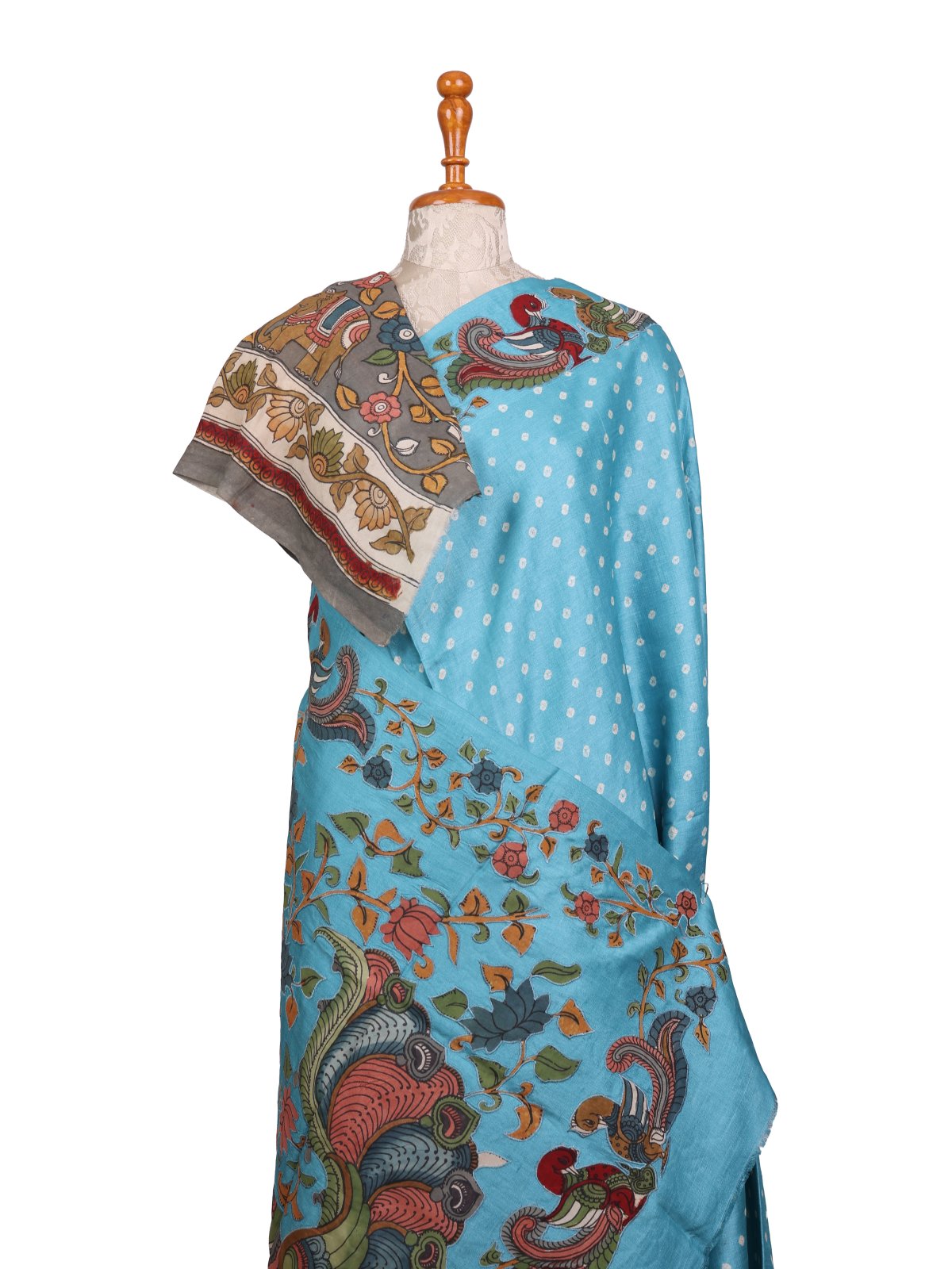Light Blue Bandhini Tussar Silk Saree With Kalamkari Work