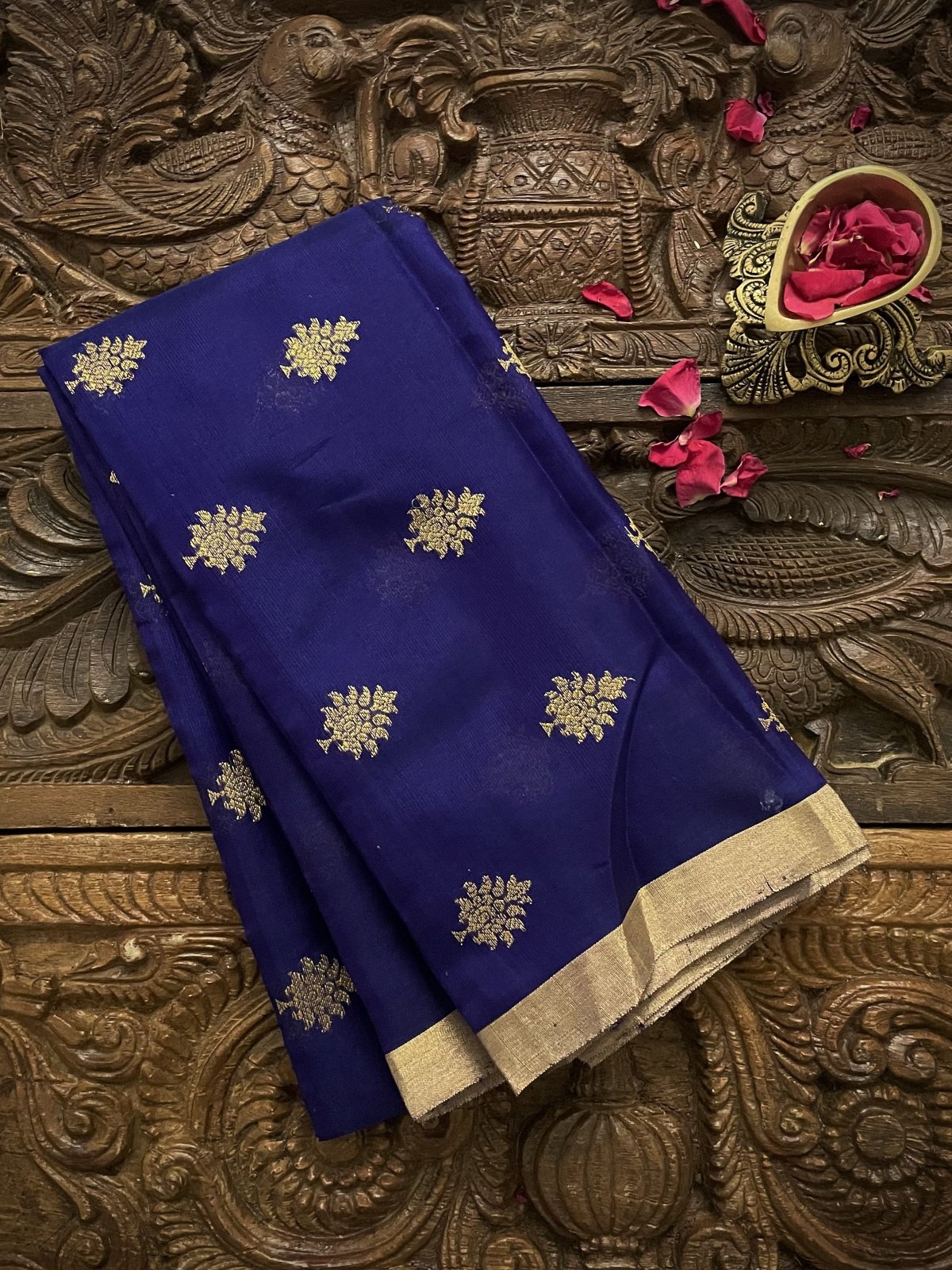 Royal Blue Chanderi Silk Blouse With Gold Zari Floral Motifs