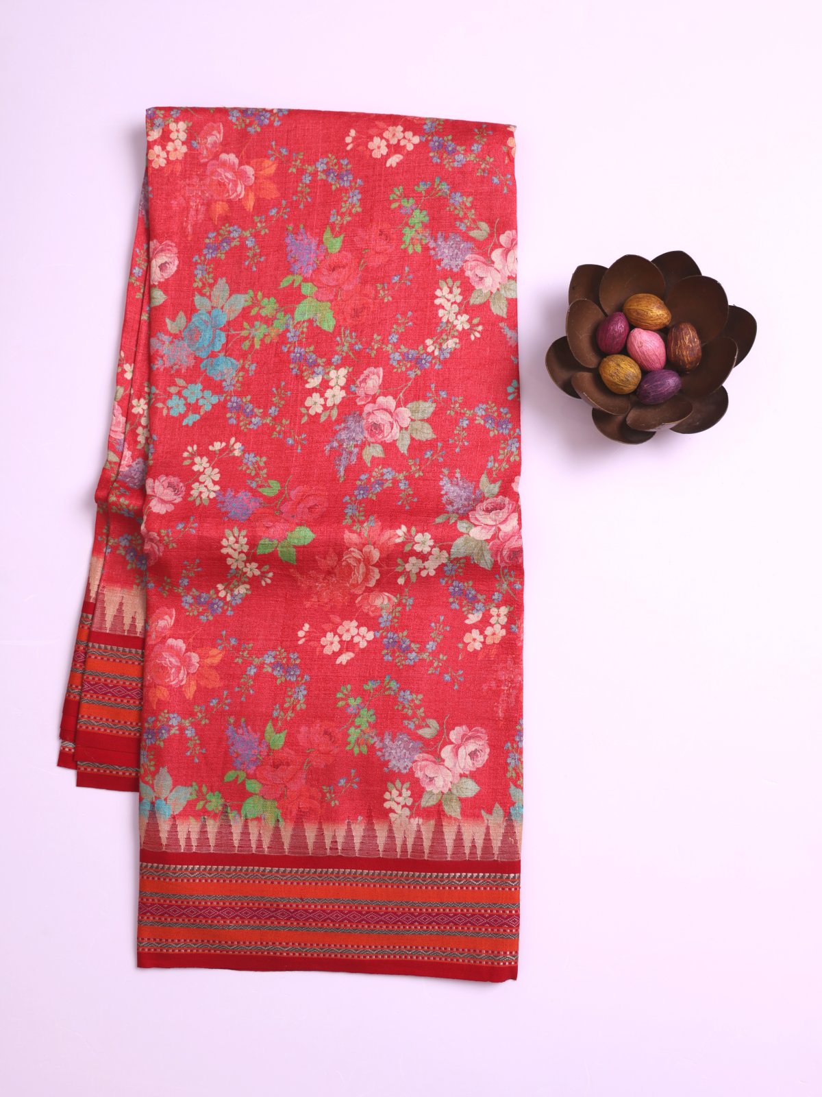 Red Printed Tussar Silk Saree with Red Vidarbha Border