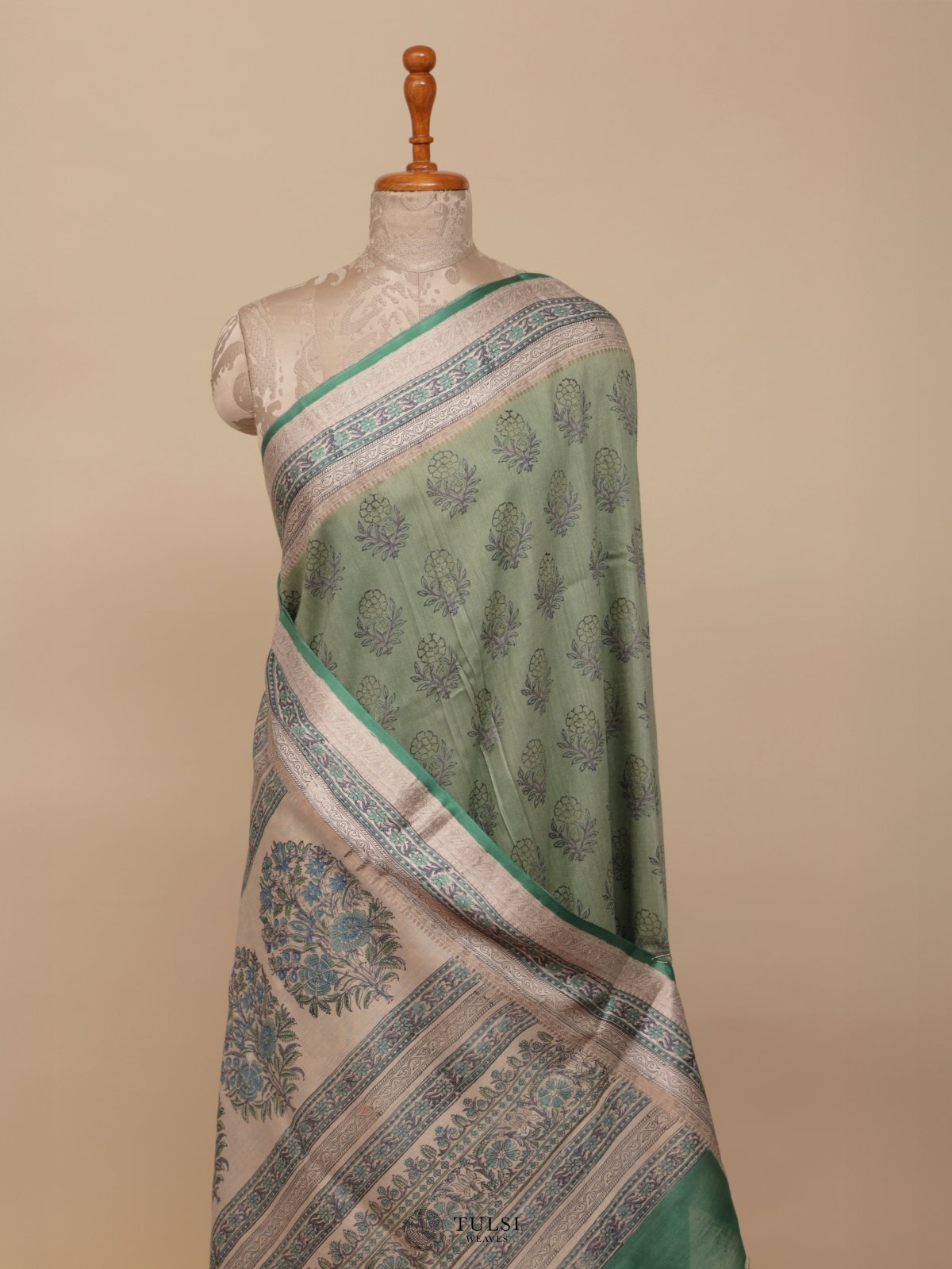 Pastel Green Printed Munga Tussar Silk Saree