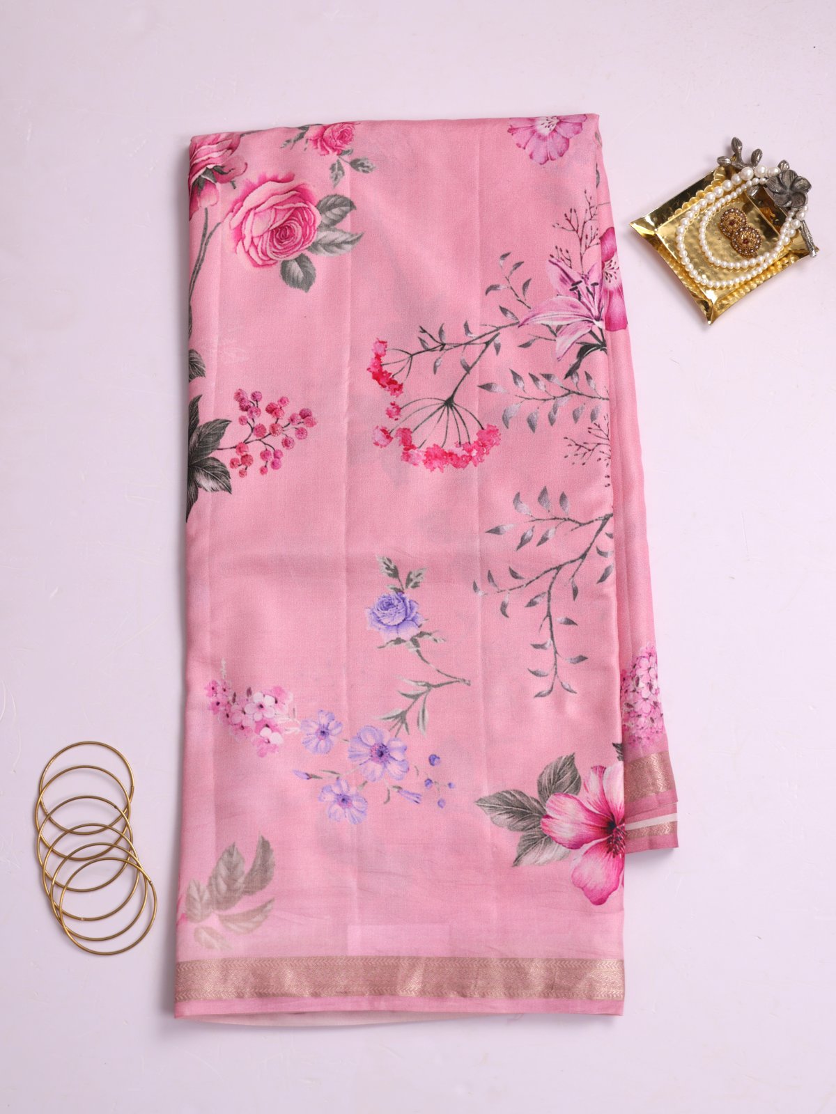 Pastel Pink Printed Banaras Silk Saree With Zari Border