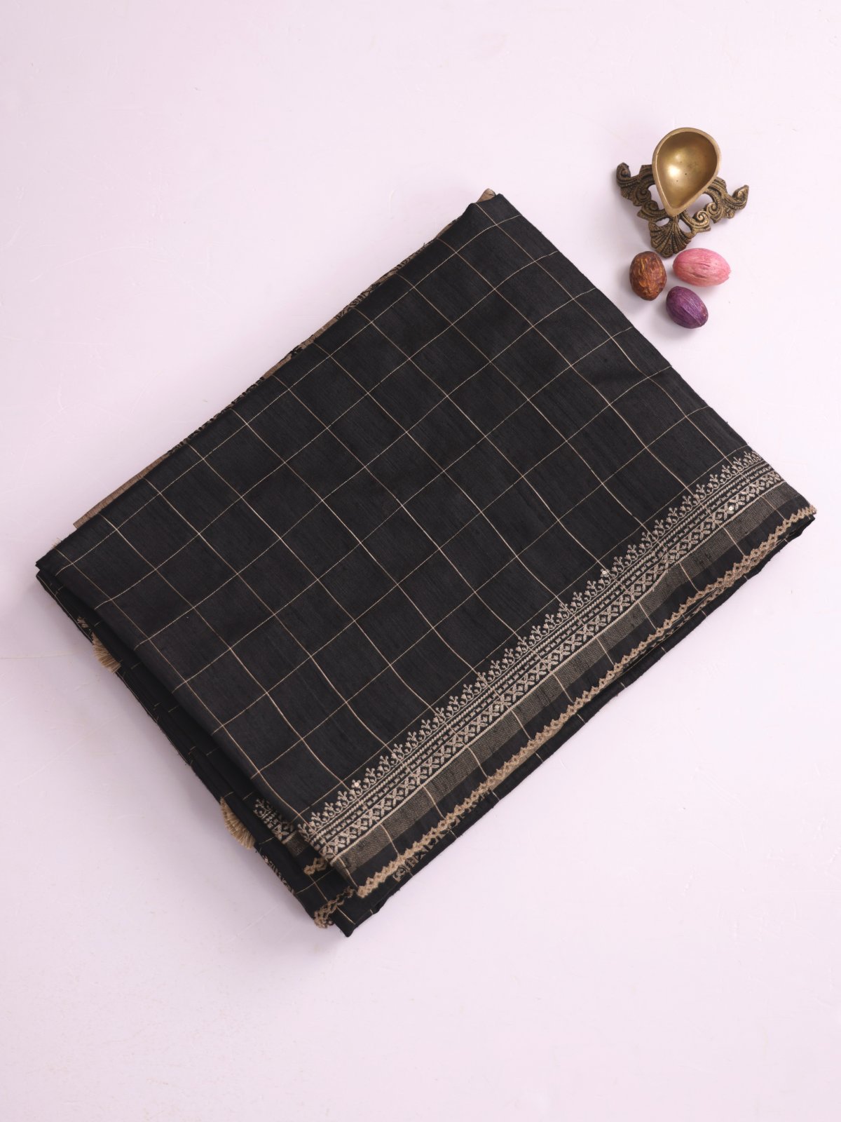 Black Zari Checked Munga Raw Silk Saree With Embroidery 