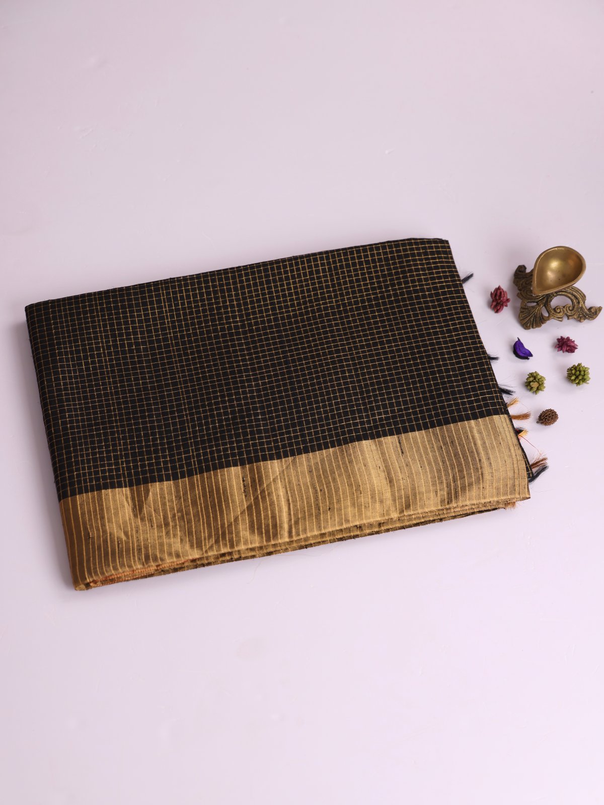 Black Zari Checked Raw Silk Saree With Zari Border