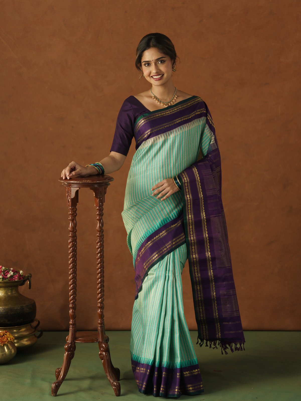 Multi Color Checked Gadwal Saree With Violet Border