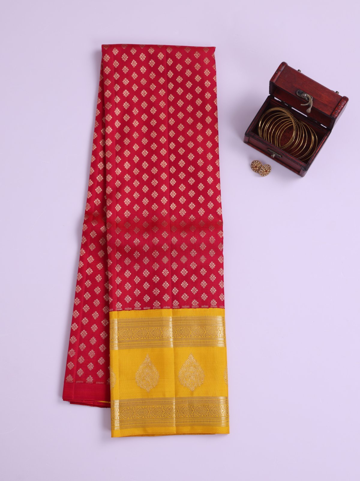 Pinkish Red Kanjeevaram Silk Pavadai With Yellow Border