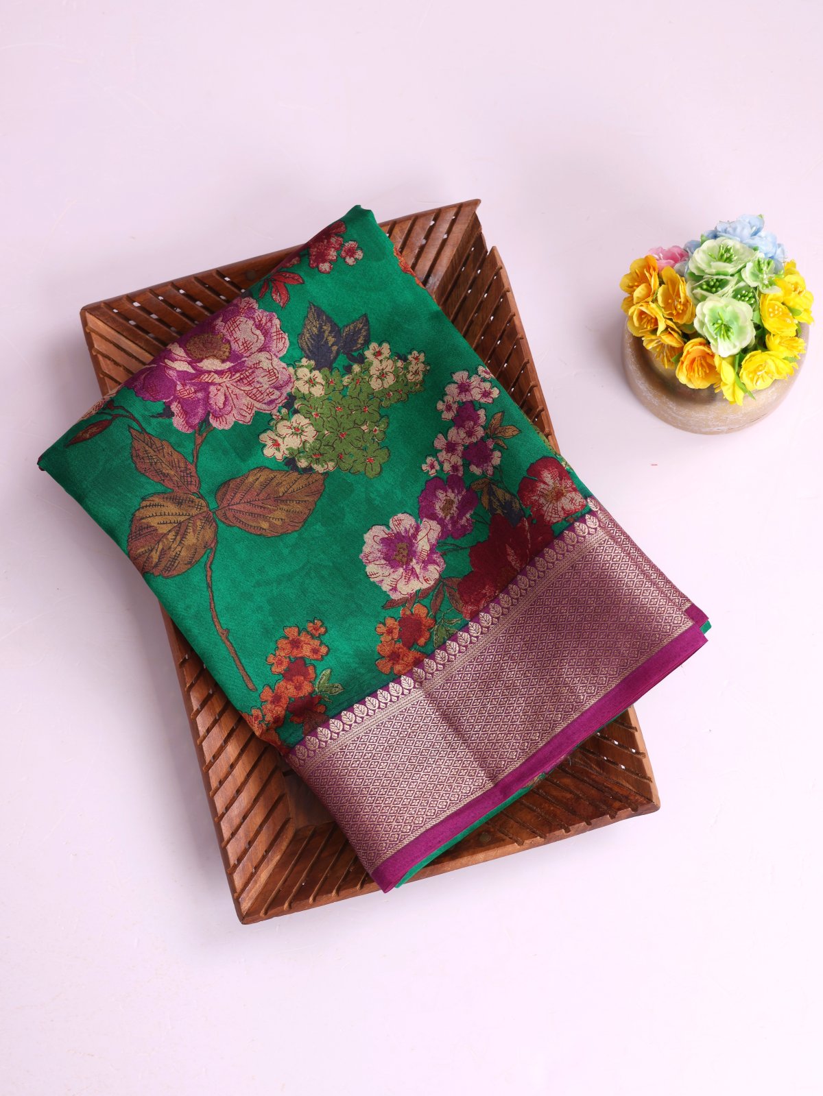 Green Printed Chaniya Silk Saree With Zari Border