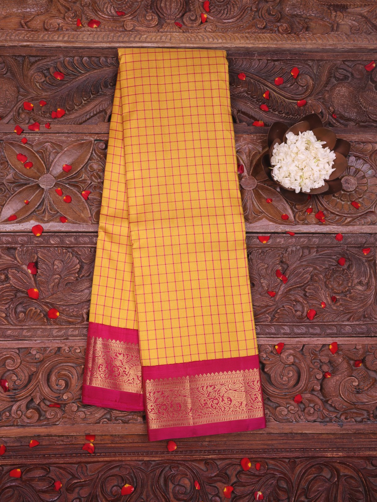 Yellow Checked  Kanjeevaram Silk Saree With Dark Pink Zari Border