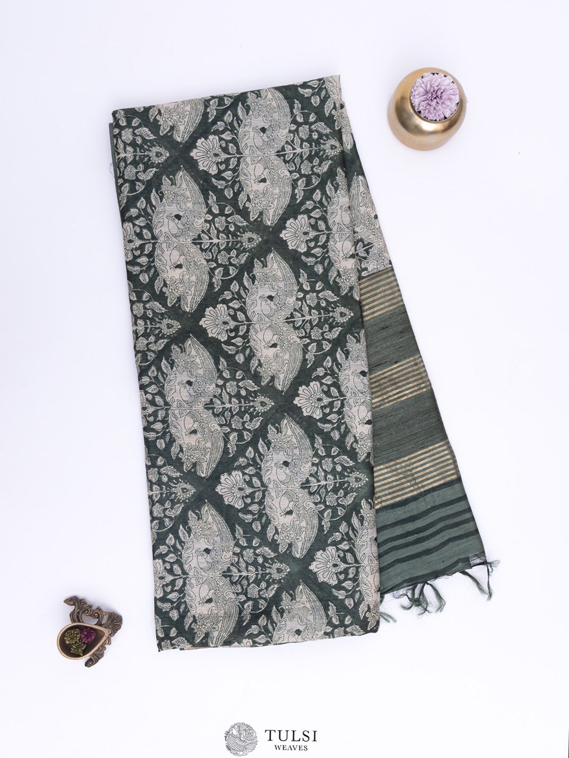 Dark Green Munga Silk Saree With Block Print Border