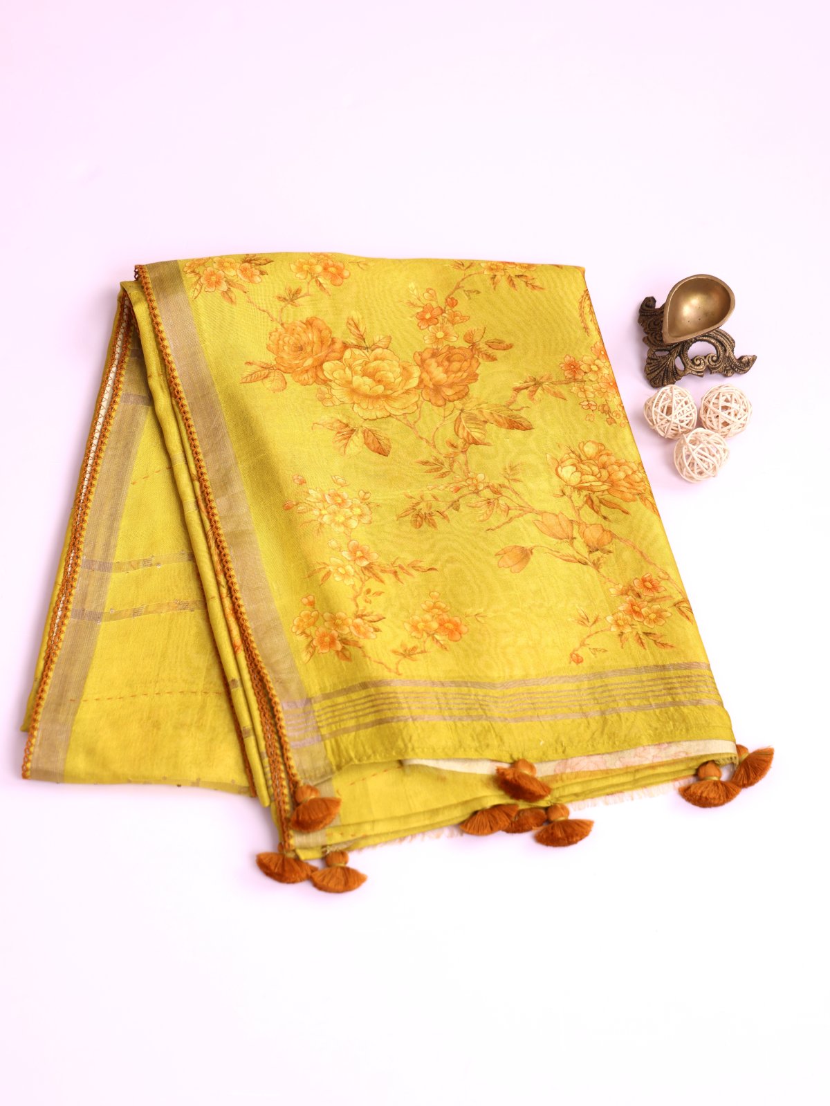 Greenish Yellow Tussar Kora Silk Saree 