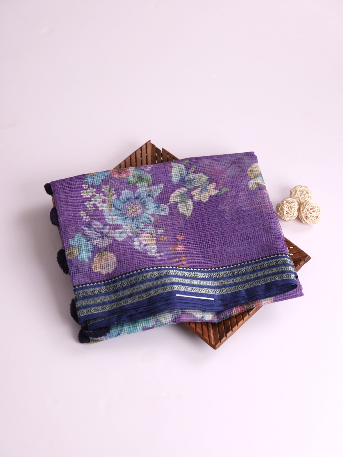 Light Purple Printed Kota Cotton Saree With Navy Blue Vidarbha Border