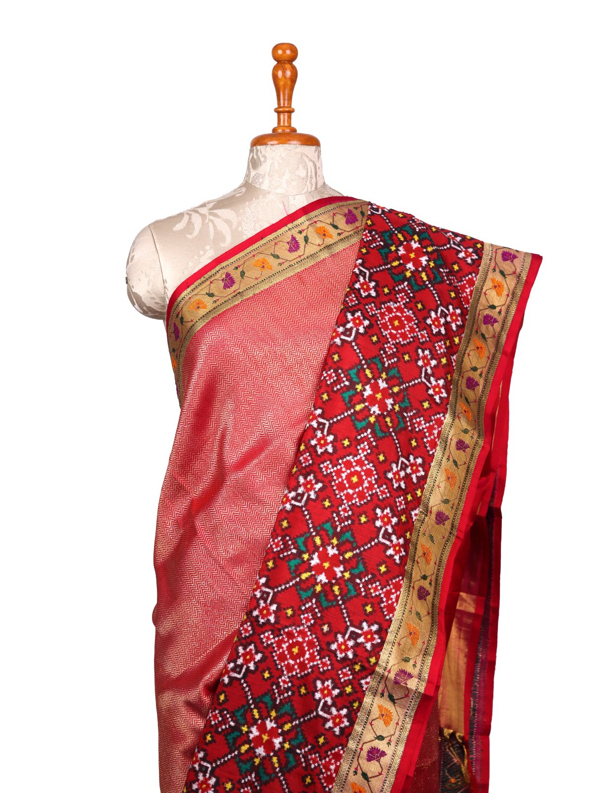 Red Zari Brocade Kanjeevaram Silk Saree With Red Patan Patola Border