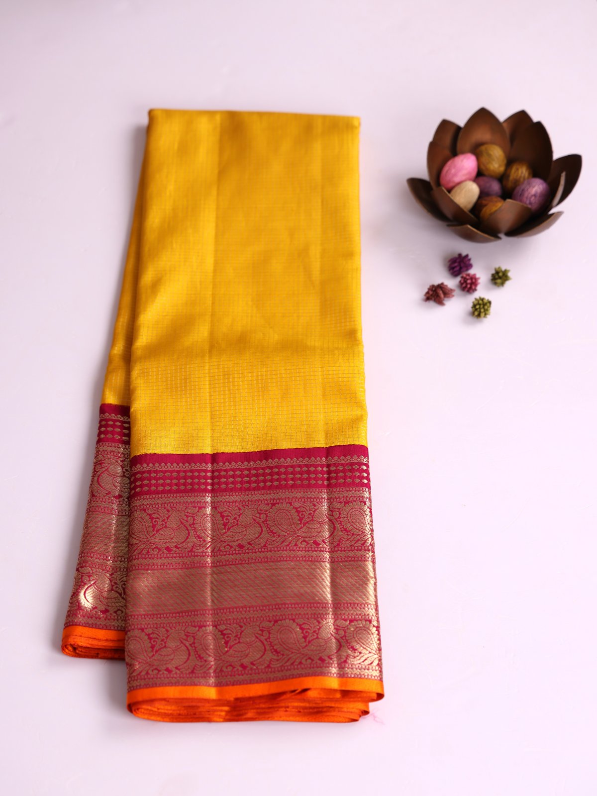 Yellow Zari Checked Kanjeevaram Silk Saree With Wine Red Border