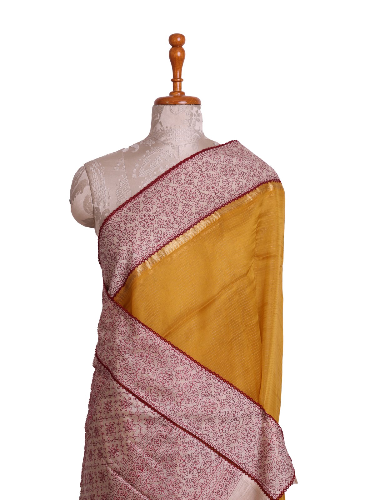 Mustard Yellow Organza Silk Saree With Beige Border
