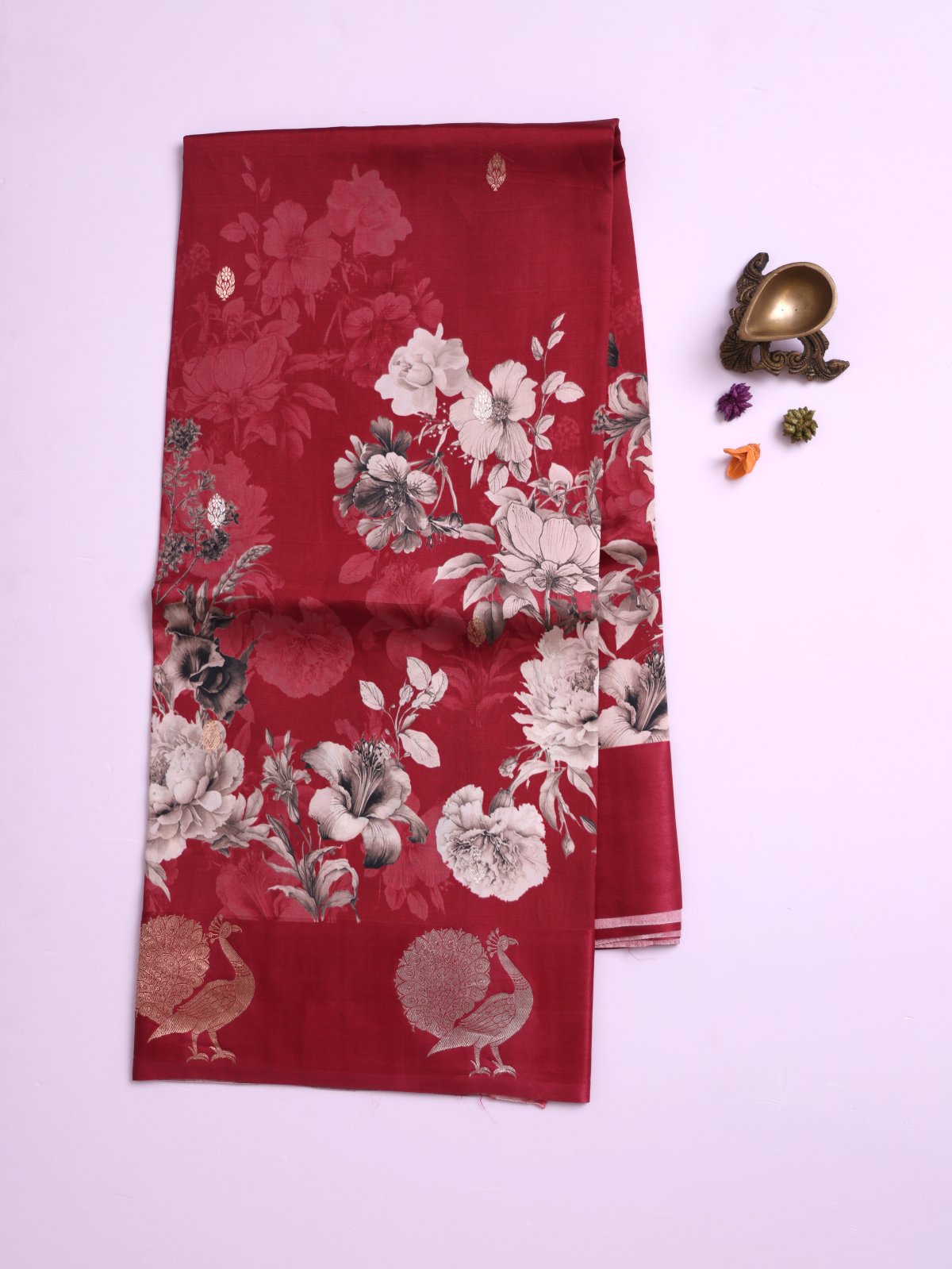 Dark Red Printed Mashru Silk Saree with Self Satin Border
