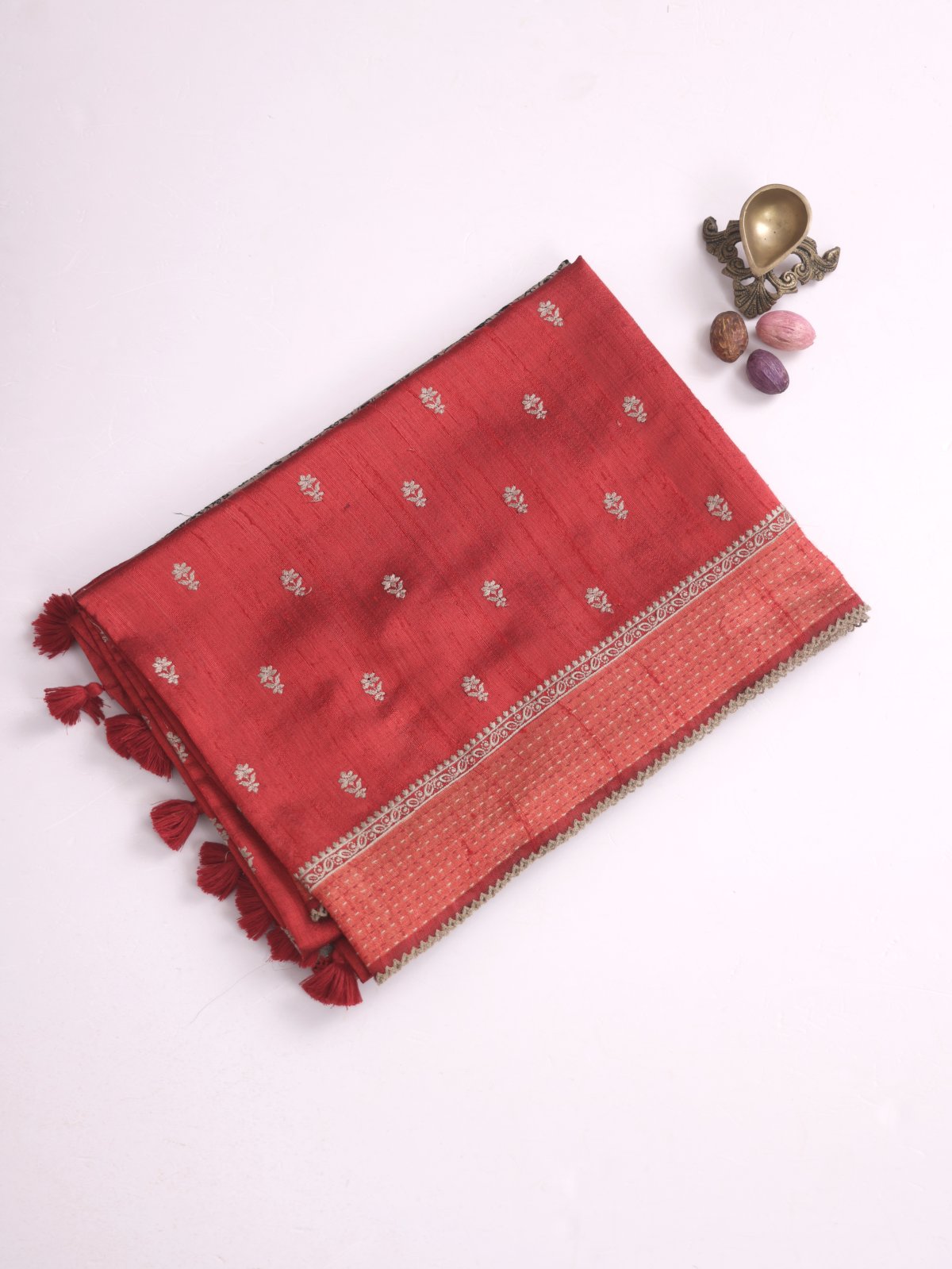 Red Munga Raw Silk Saree With Embroidery
