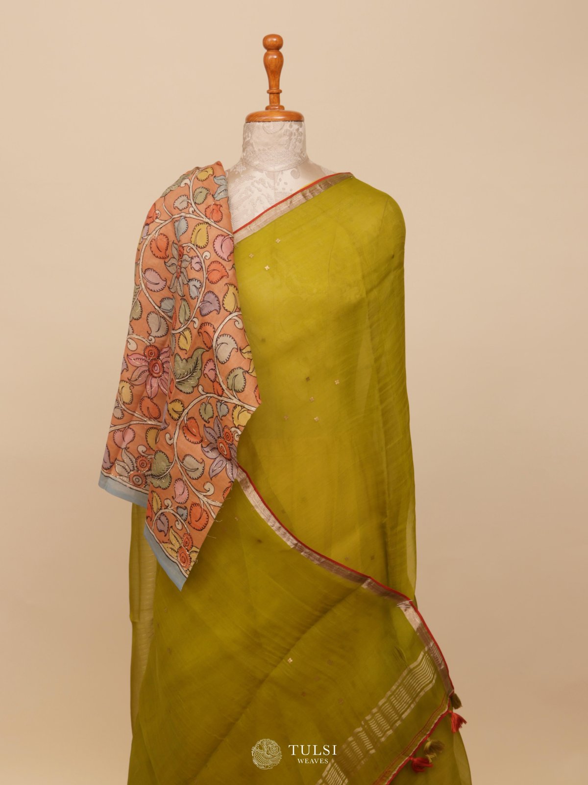 Mehndi Green Organza Saree with Kalamkari Blouse