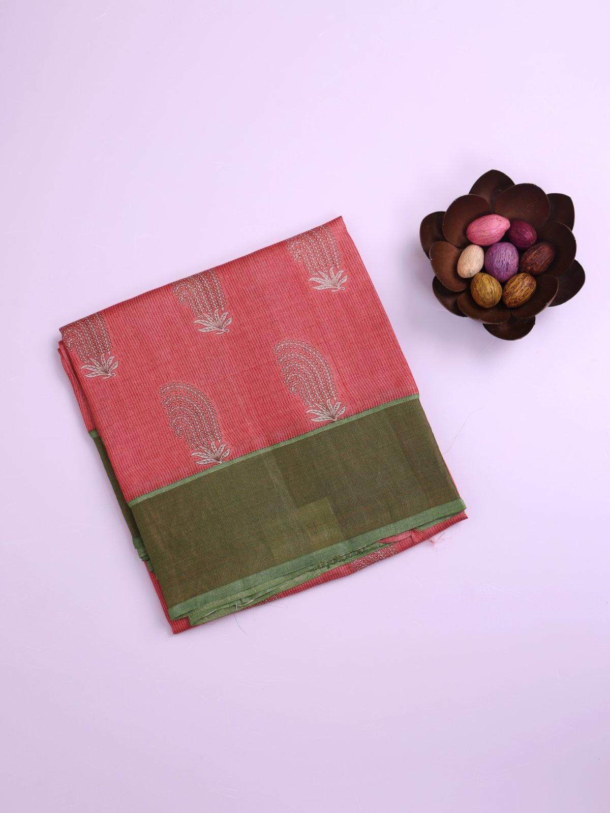 Coral Pink Printed Tussar Silk Saree with Green Border