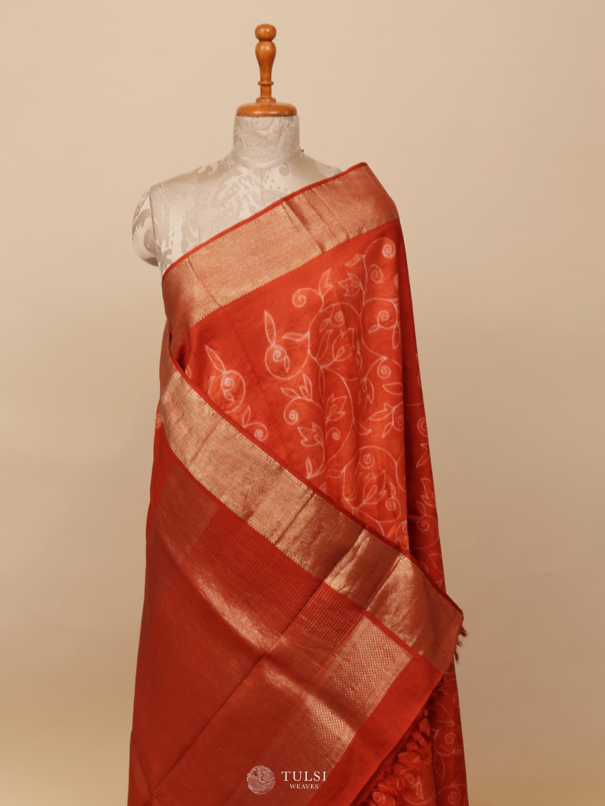 Rust Orange Shibori Kanjeevaram Silk Saree