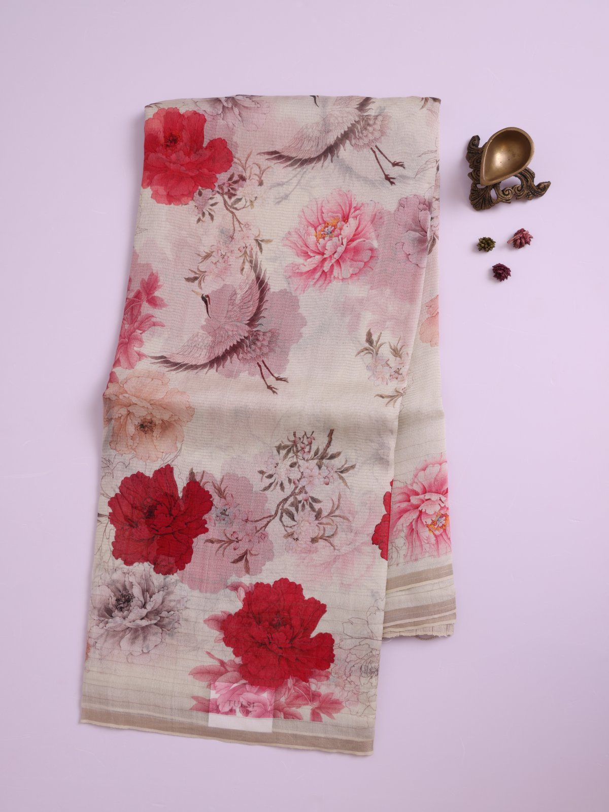 Off- White Printed Organza Silk Saree with Jamdani Pallu