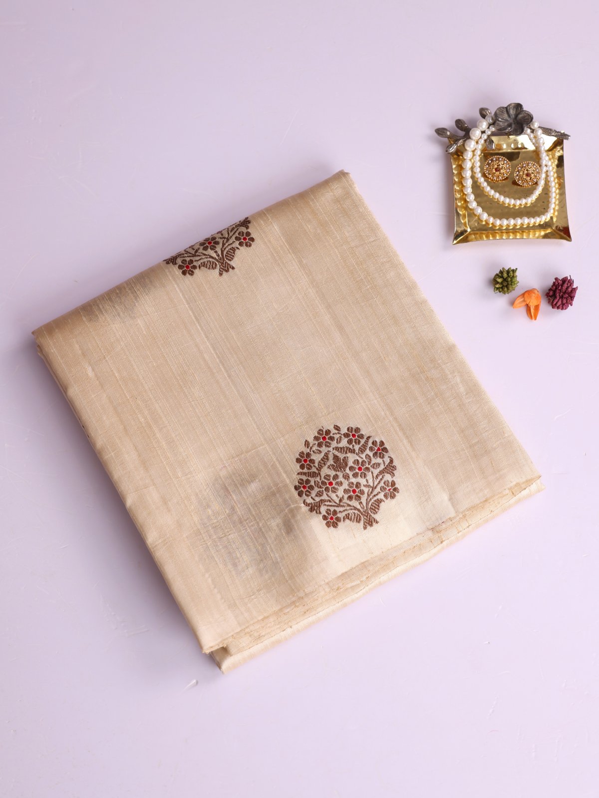 Cream Banaras Tussar Silk Saree