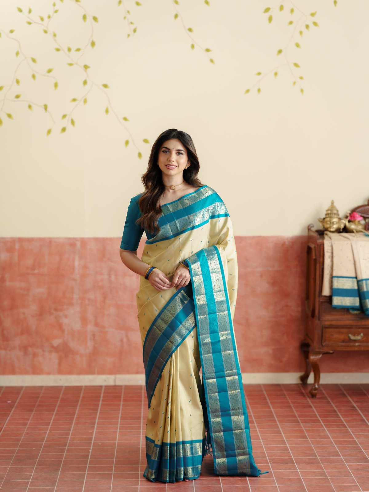 Vintage 106 - Light Khaki Kanjeevaram Silk Saree With Teal Blue Border