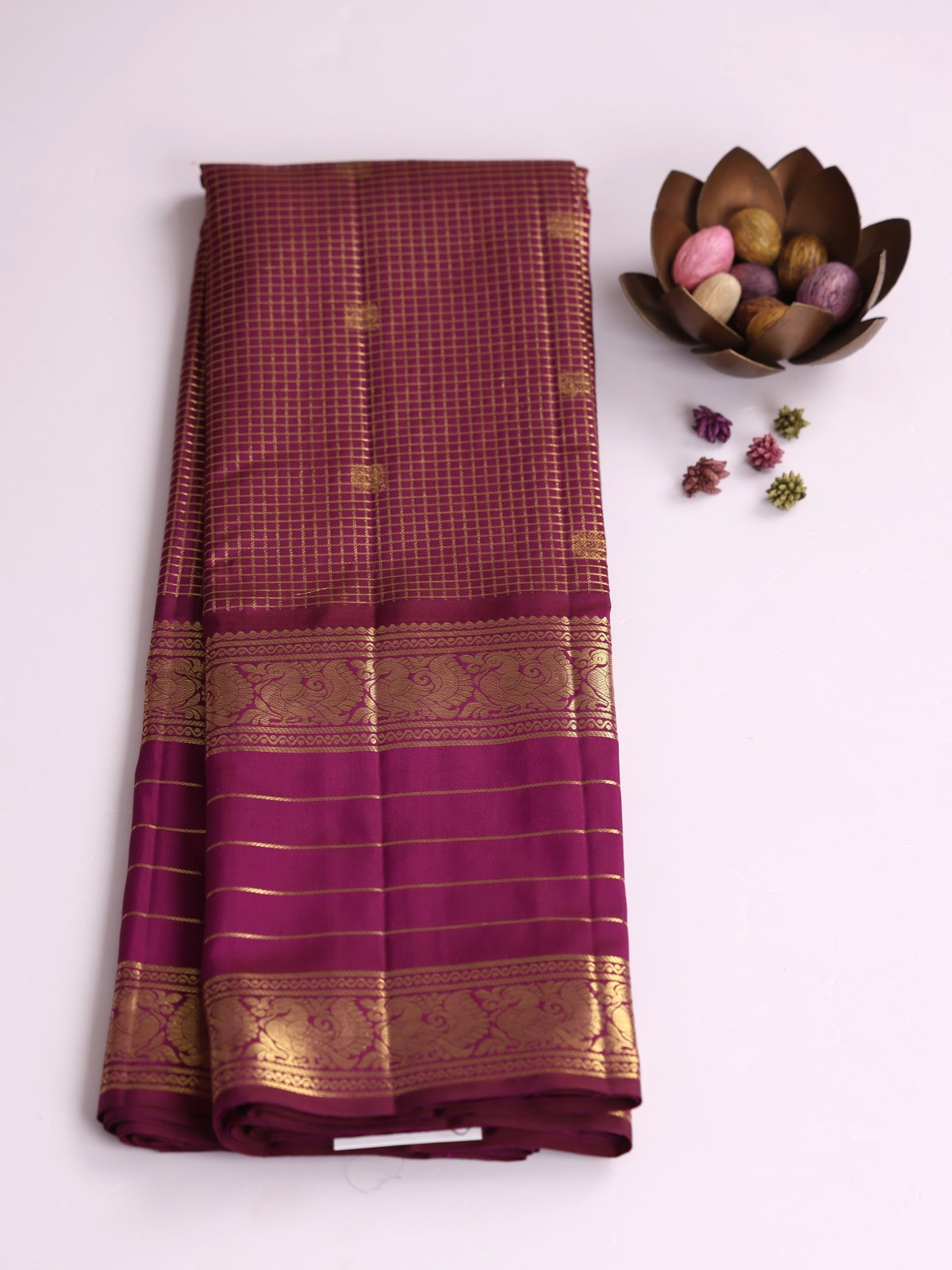 Dark Purple Zari Checked Kanjeevaram Silk Saree