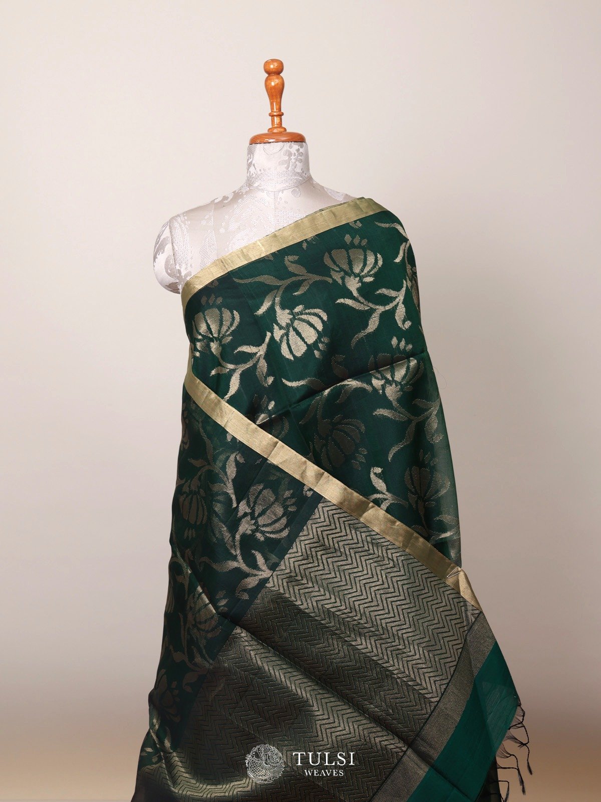 Bottle Green Kora Silk Saree