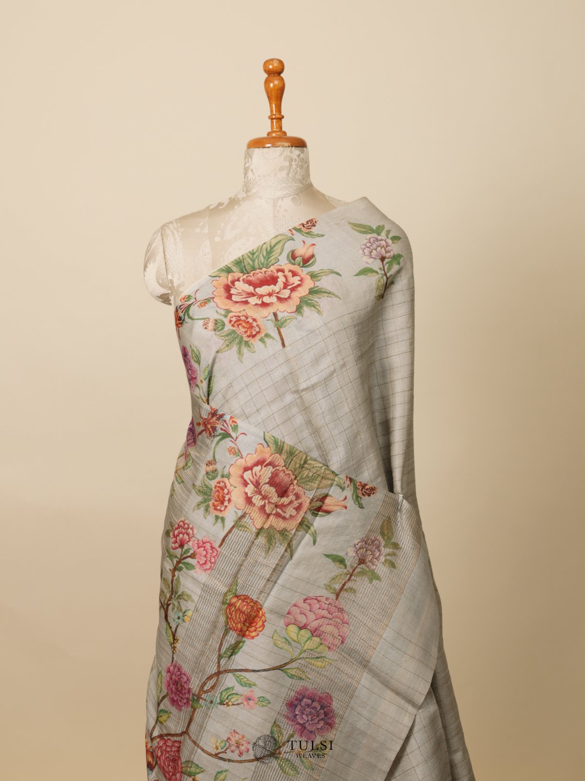 Grey Printed Tussar Silk Saree