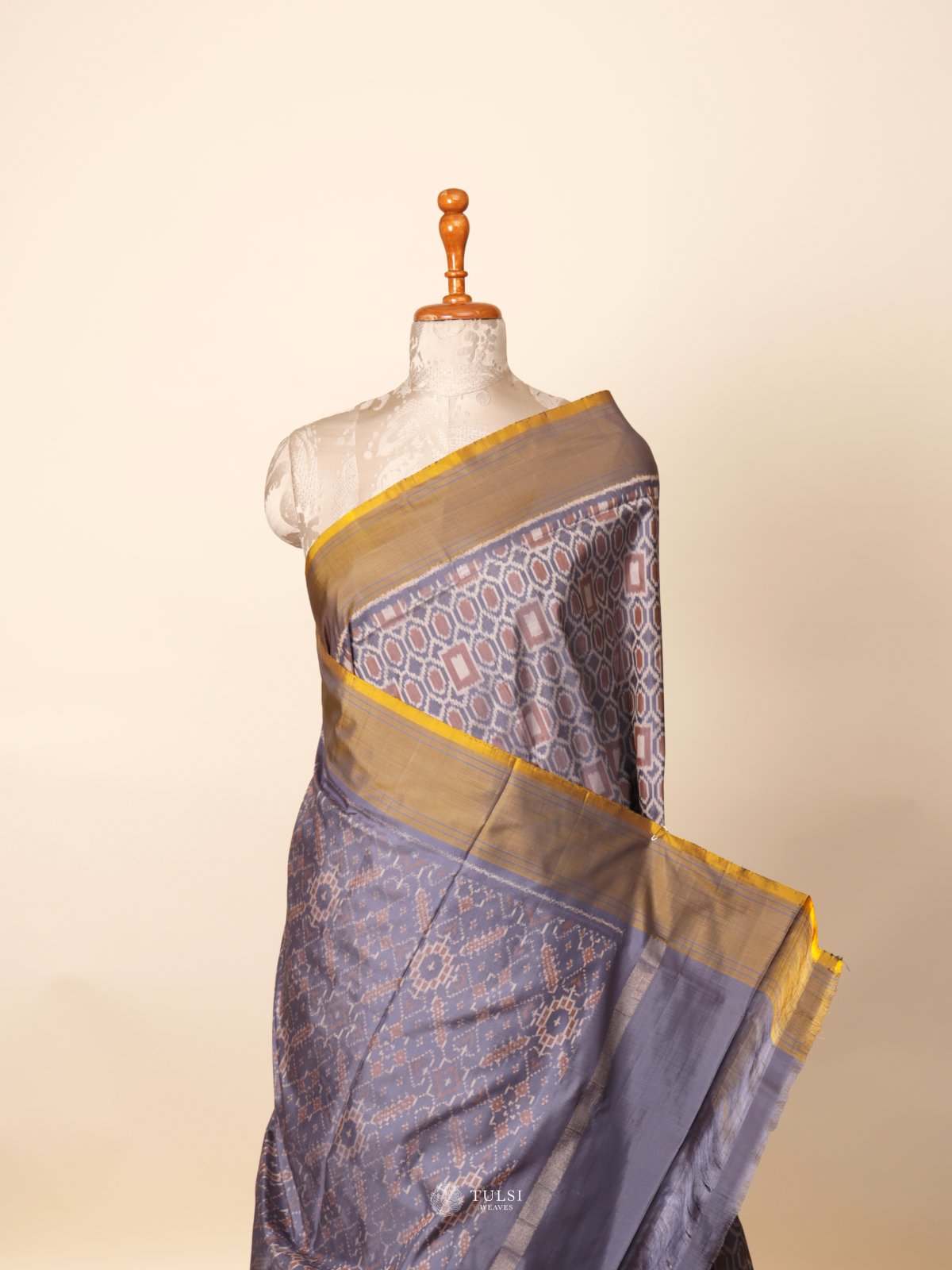 Greyish Blue Ikat Silk Saree With Yellow Border