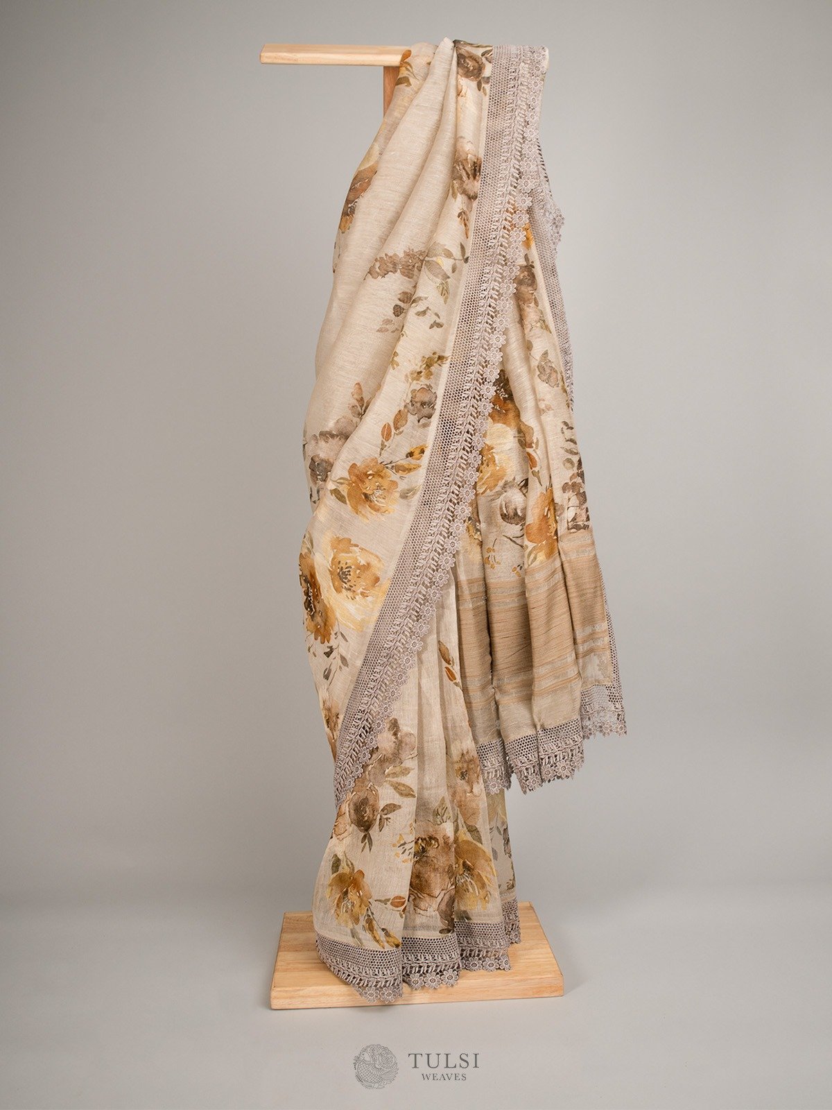 Light Beige Linen Silk Saree With Floral prints