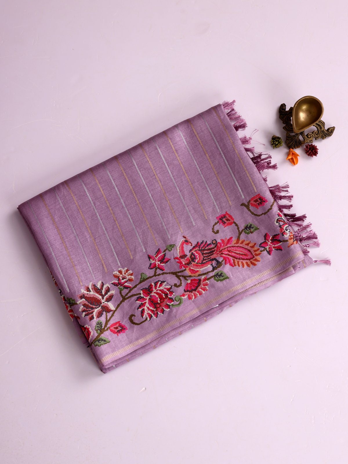 Lavender Zari Striped Semi Tussar Silk Saree With Cross-Stitch Embroidery