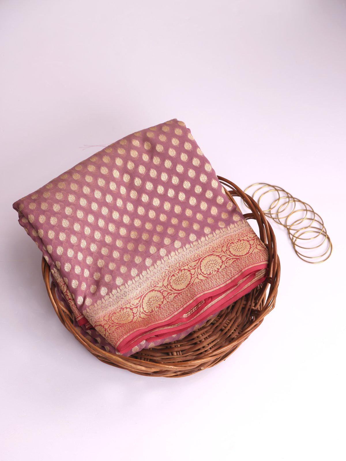 Dusty Lavender Banaras Georgette Silk Saree With Peachy Pink Border