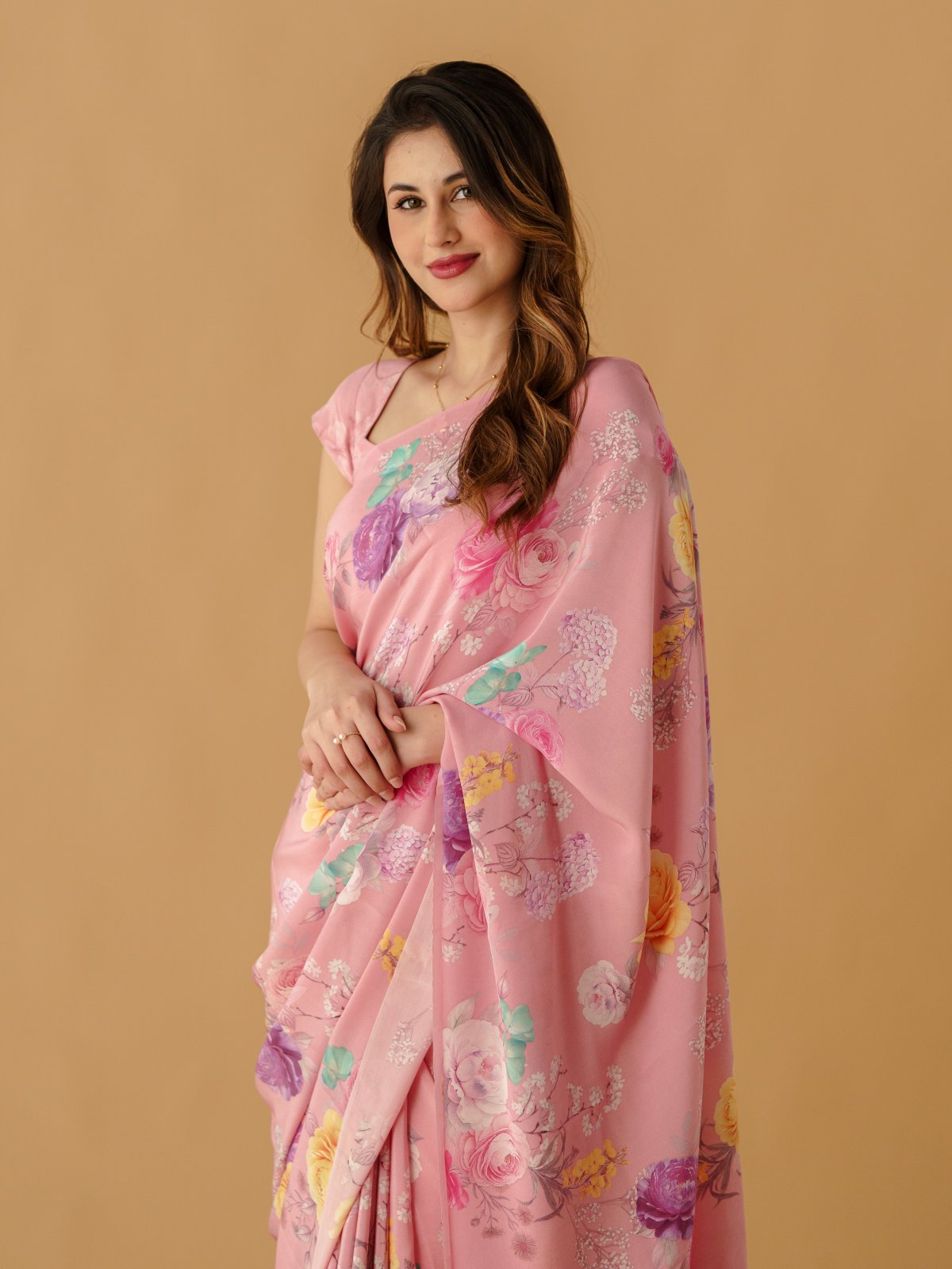 Dusty Pink With Floral Printed Crepe Silk Saree