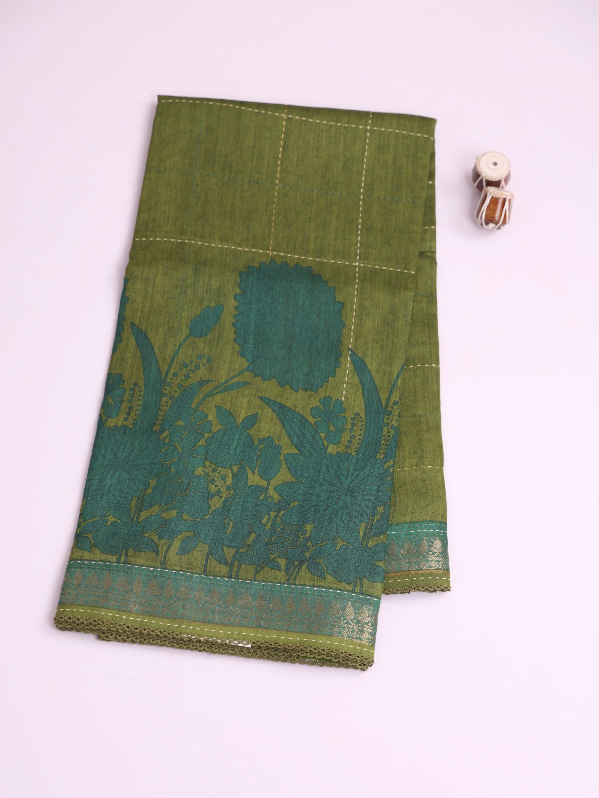 Mehendi Green Printed Munga Silk Saree With Kantha Embroidery