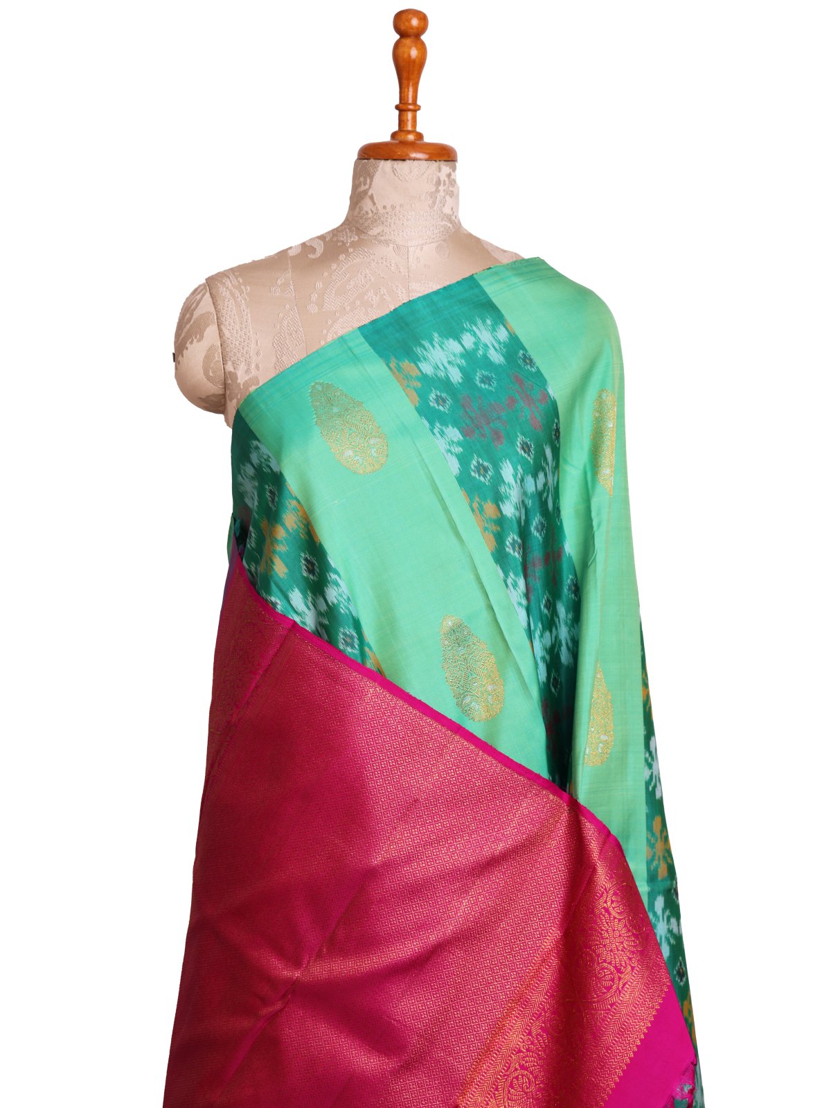 Green Kanjeevaram Ikat Silk Saree With Zari Butta